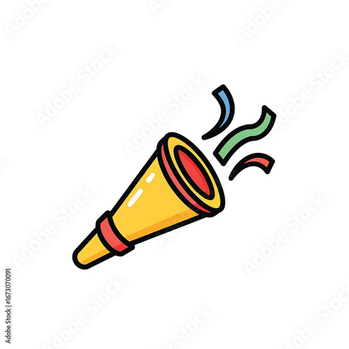 An illustration of a yellow party popper with red trim, ejecting vibrant confetti for a festive occasion.
