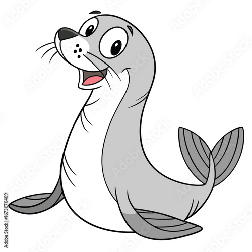 Cartoon seal with light gray body and white belly, sitting upright, front flippers out, tail curved up, wide smile, and large expressive eyes.