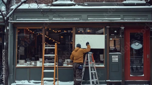 Worker prepares storefront signage during winter snowfall in downtown area, enhancing local business visibility and customer engagement