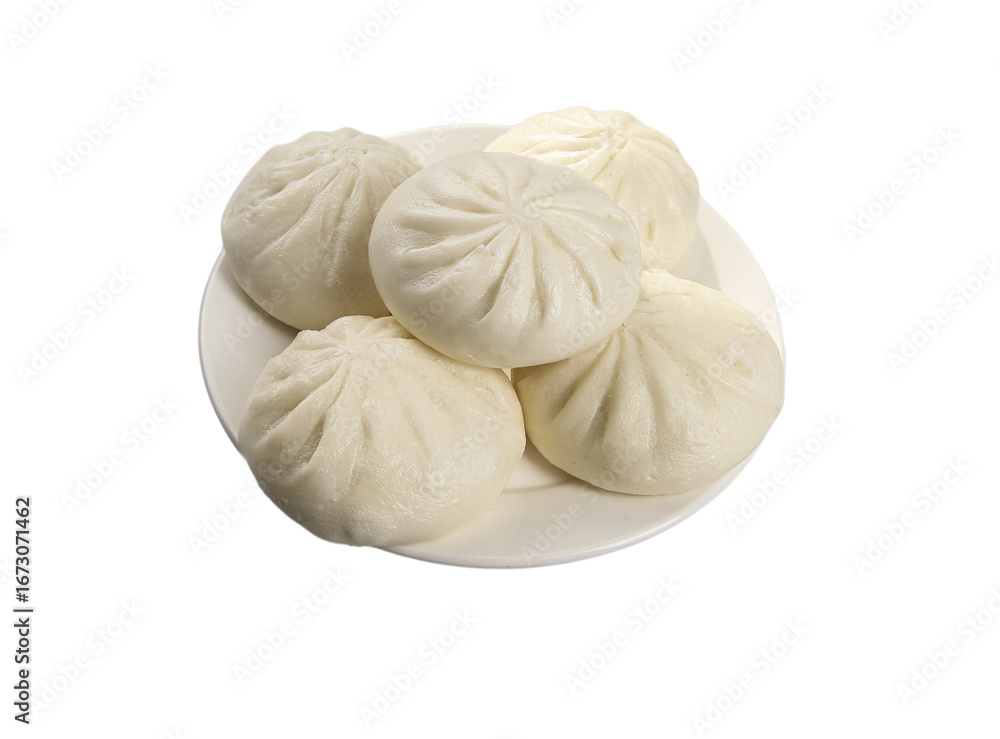 Obraz premium Steamed Pork Buns with White Sauce on Plate - Traditional Asian Dumplings on White Background