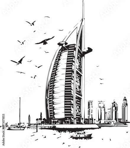 Iconic Architectural Silhouette: A striking black and white graphic captures the sleek silhouette of a world-renowned architectural marvel, soaring skyward against a backdrop of the city.