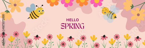 Charming cartoon bees buzz happily among vibrant flowers celebrating the joy of springtime