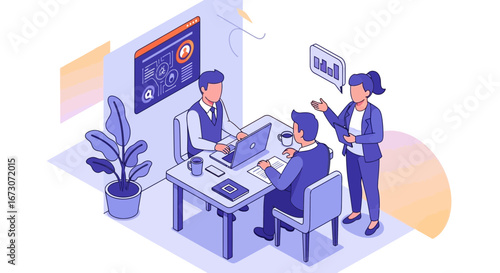 Isometric illustration of a business team meeting in a modern office to discuss a project and analyze data.