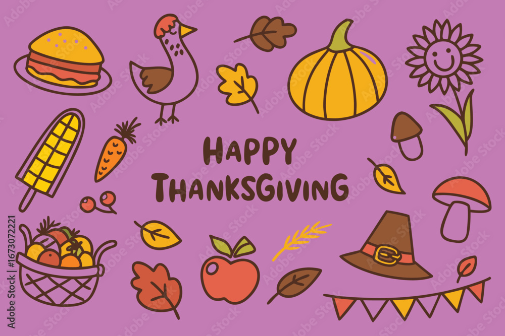 Fototapeta premium Vibrant Happy Thanksgiving illustration with festive holiday icons and cheerful design elements