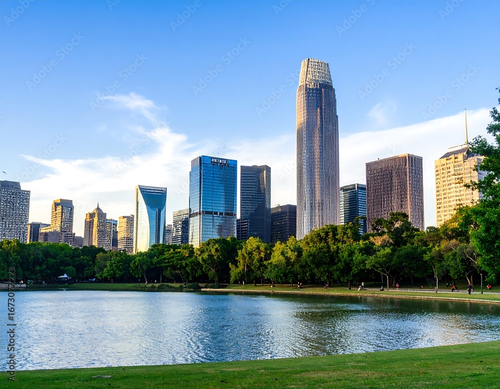 Fototapeta premium City skyline reflected in a placid lake