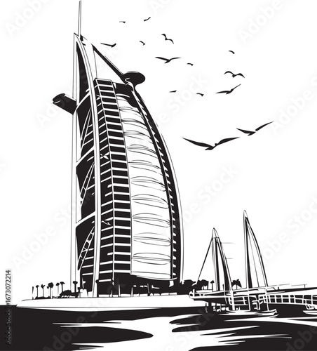 Skyline Elegance: The majestic silhouette of a modern architectural marvel gracefully touches the sky.