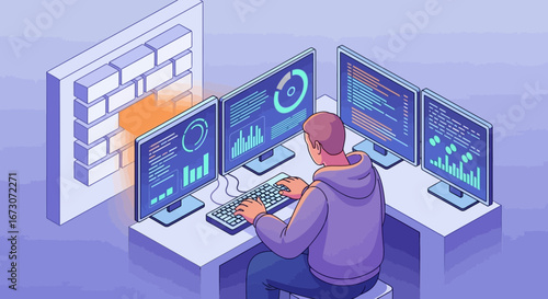 A programmer in a hoodie works at a multi-monitor computer setup, analyzing data and a digital firewall.