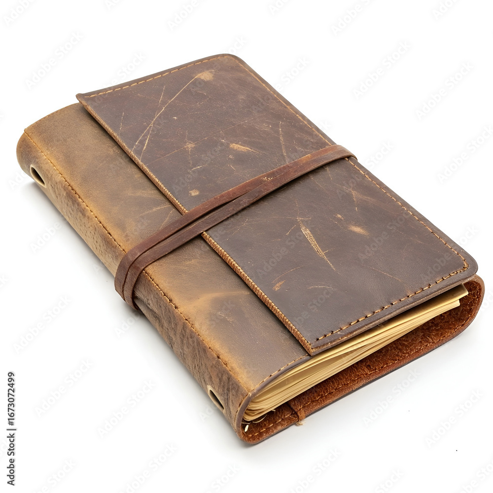 Obraz premium worn leather bound diary on white background