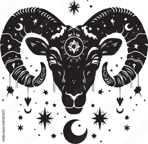 Celestial Ram: A stylized illustration showcases a ram's head adorned with celestial elements, blending astrological symbolism with a touch of mystique. 