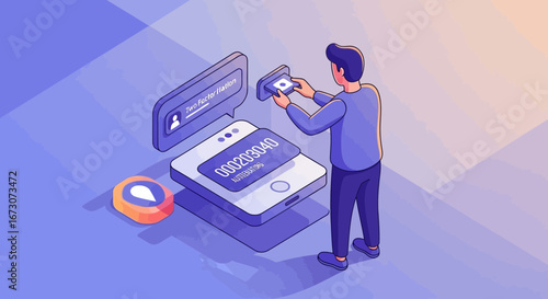 A man completes a secure mobile payment using a card or device on a large smartphone interface.