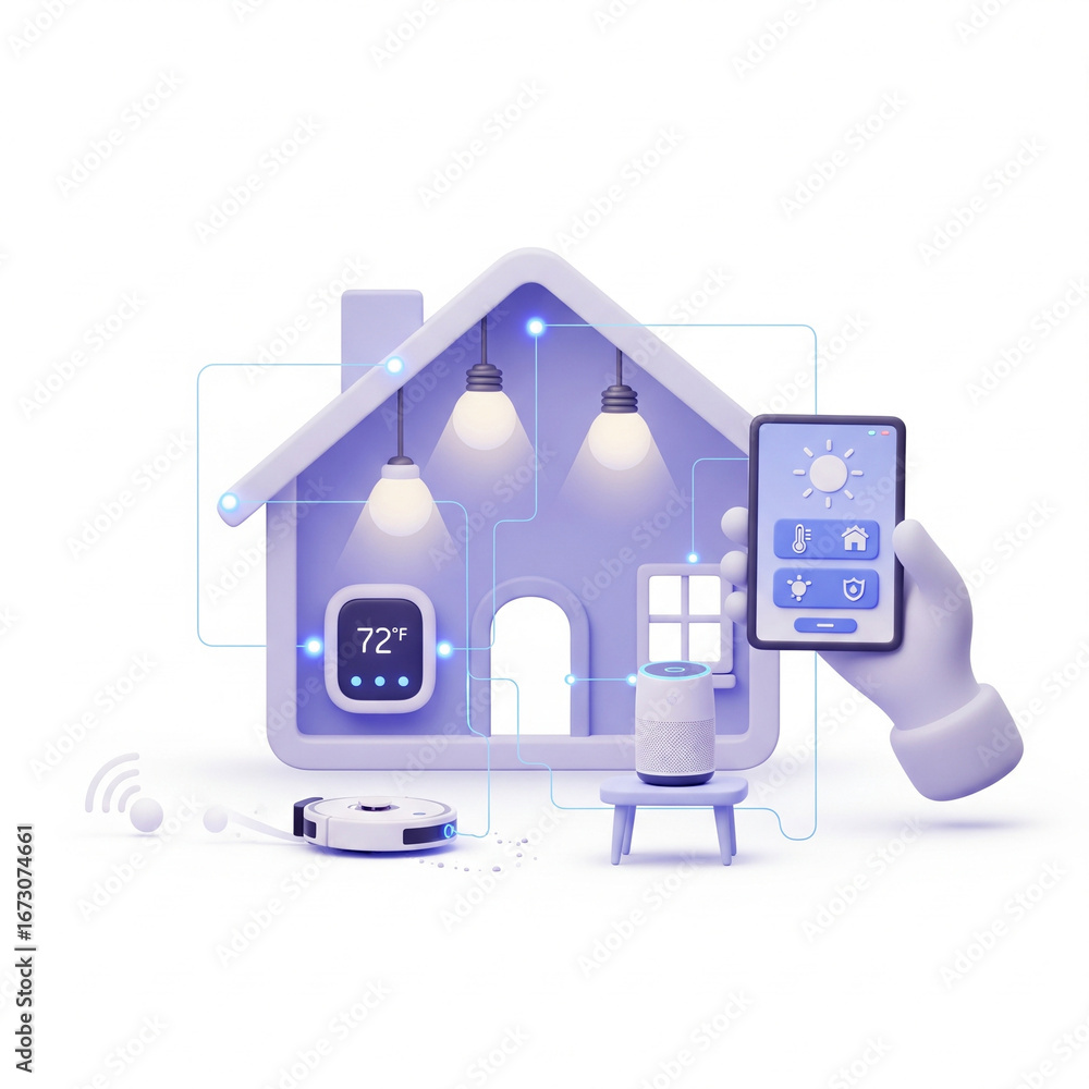Fototapeta premium Animated Smart Home Tech AI Assistant, Lighting, Thermostat & Security