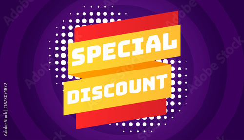 Vector template for a special discount offer. Dynamic advertising banner with red and yellow ribbons on a vibrant purple background
