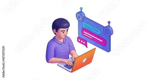 Isometric illustration of a young man working on a laptop and communicating via a futuristic chat interface.