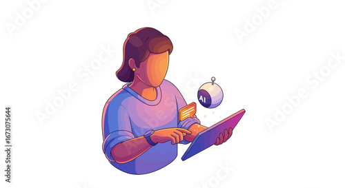 A modern illustration of a person using a tablet computer, assisted by a small floating AI robot companion.