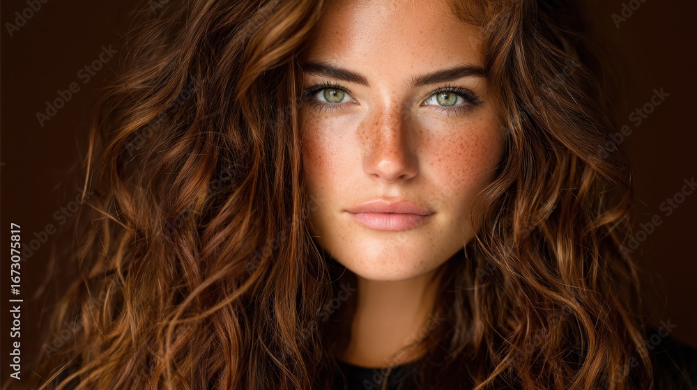 Naklejka premium Close-up Portrait of a Young Woman with Curly Brown Hair and Captivating Green Eyes Against a Warm Background