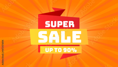 Vibrant Super Sale Banner with Up to 90 Percent Discount Promotion on Orange Sunburst Background for Online Shopping and Retail Marketing