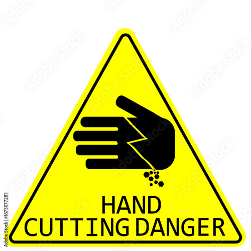 black hand cutting danger caution with yellow ground and with black inside bored