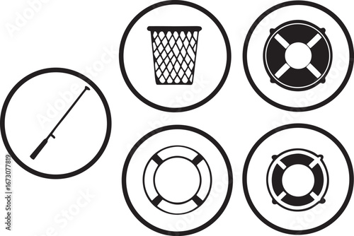 Set of circular icons featuring a fishing rod trash can and life preservers