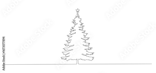 Minimalist line art illustration of a single Christmas tree with a star on top. The simple black outline design gives a modern and elegant feel, perfect for greeting cards, festive posters