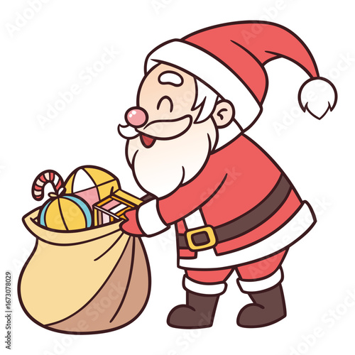 Cheerful Santa Claus with a Bag Full of Gifts and Candy Canes Christmas holiday