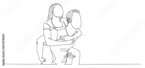 Minimalist line art illustration of a couple, where a woman is riding on a man's back in a piggyback pose. The faceless design emphasizes love, togetherness, and playful romance