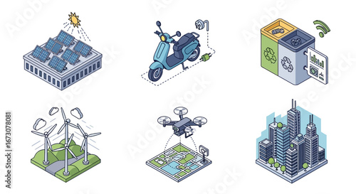 Isometric icons of green technology and smart city elements, including solar power, wind energy, electric transport, and recycling.