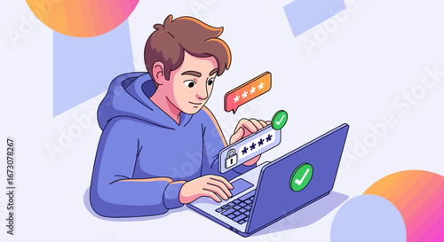 A young man at a laptop successfully creates a strong, secure password for online account authentication.