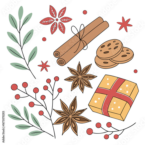 Christmas elements including gift cookies cinnamon star anise berries and leaves arranged on white present