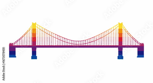 Vibrant abstract suspension bridge illustration in a stunning gradient of rainbow colors, an iconic landmark design perfect for travel and architecture projects