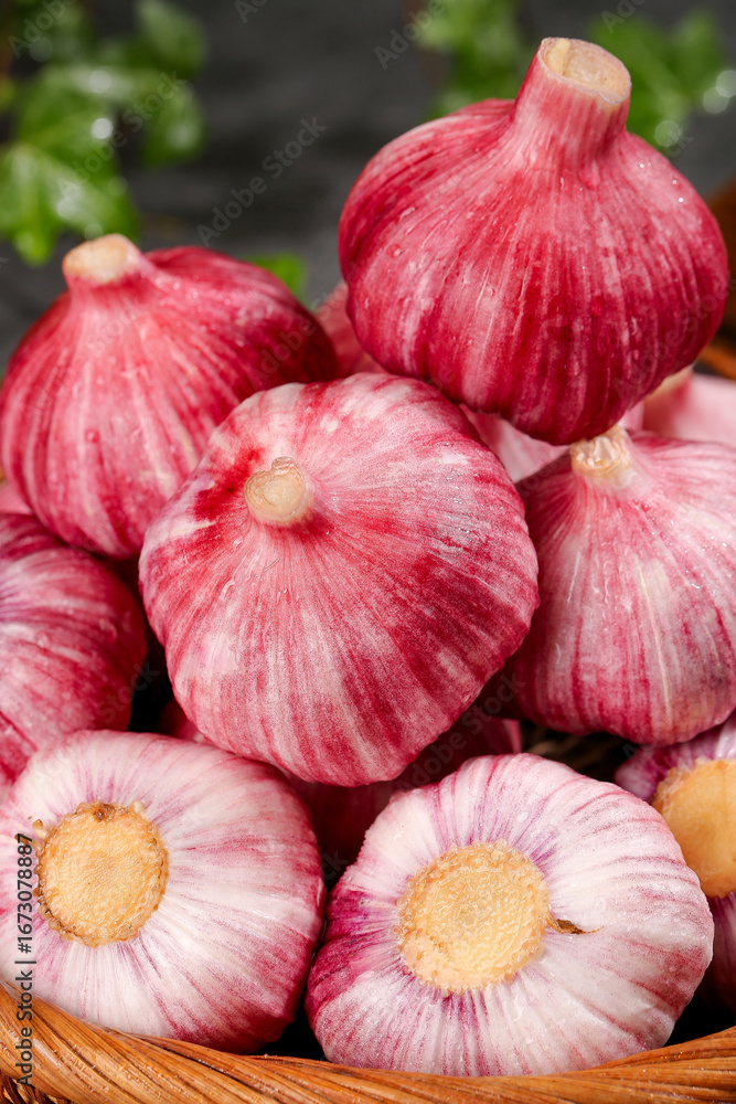 Obraz premium Fresh Purple Striped Garlic Bulbs Shandong Multiclove Variety with Skin in Wicker Basket