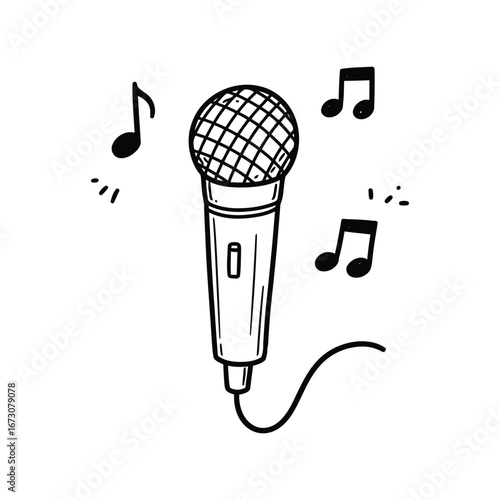 Hand drawn microphone with musical notes singing karaoke performance art vector