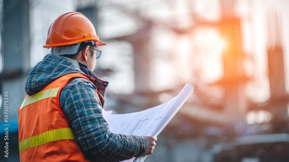 Obraz premium Engineer in orange hard hat reviewing construction plans on site with blurred background