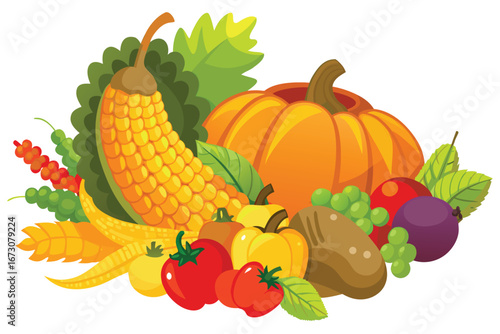 Abundant harvest bounty featuring pumpkin, corn, tomatoes, grapes, and potatoes for autumn celebrations