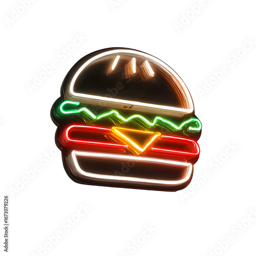 Vibrant Neon Burger Sign Against a Dark Backdrop, Showcasing Fast Food Advertising