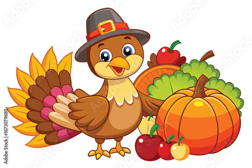Joyful pilgrim turkey celebrates harvest abundance with pumpkins and apples, perfect for autumn themes.