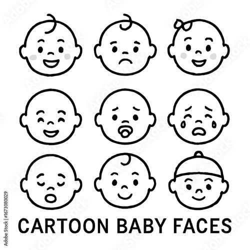 A charming vector illustration showcasing a diverse collection of nine cartoon baby faces, each depicting a unique emotion or expression, ideal for various design projects.