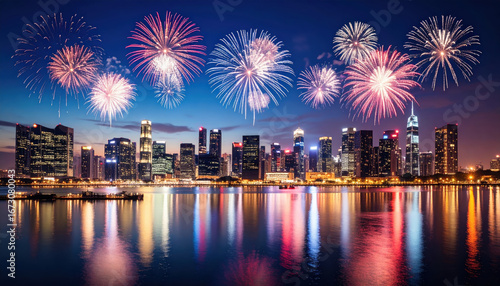 fireworks night sky with a city in the background