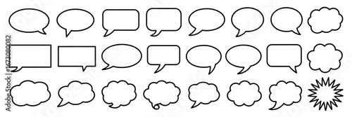 A diverse collection of outline speech bubbles and thought clouds. Vector illustration set of dialogue boxes for communication and comic design.