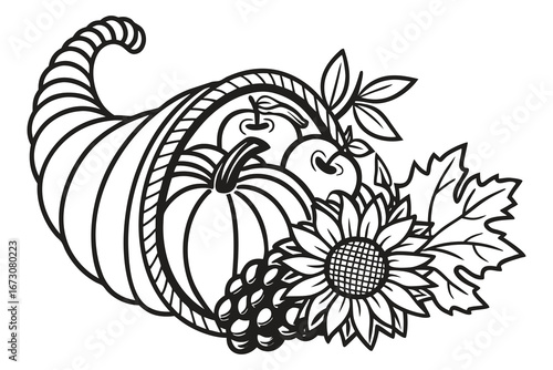 Abundant harvest cornucopia filled with pumpkin apples grapes and sunflower perfect for autumn celebrations