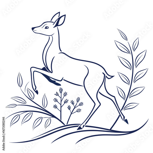 Graceful Line Art of a Doe Leaping Among Branches and Plants on White deer animal