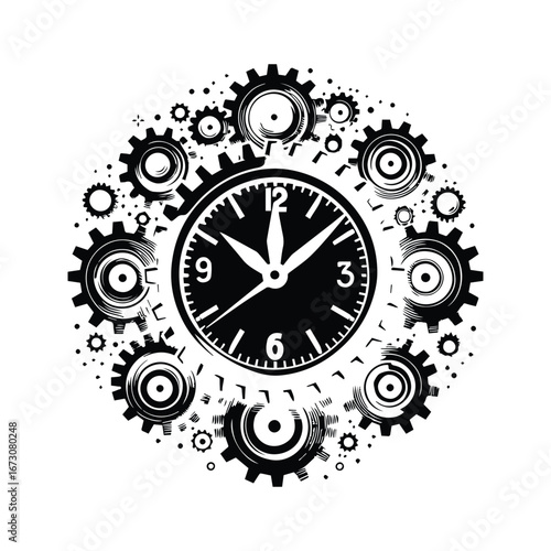 Black and White Clock with Gear Symbol