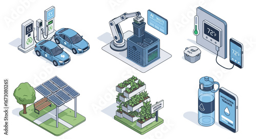 A set of isometric illustrations depicting green technology, including electric cars, solar power, and smart devices.