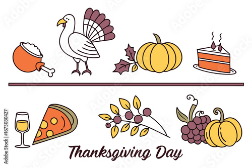 Celebrate Thanksgiving with festive food and holiday symbols, a delightful collection for seasonal greetings