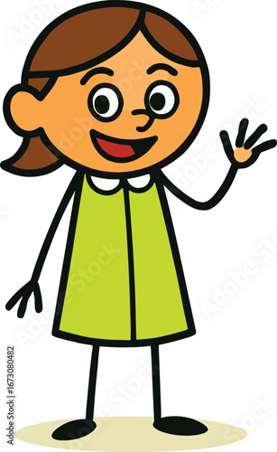 Cartoon illustration of happy little girl smiling, waving hand, wearing green dress, standing character design for children, kids, school, education.