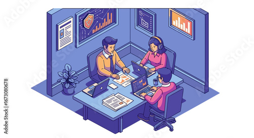 An isometric illustration of three colleagues collaborating in a modern office cubicle with data charts on the walls.