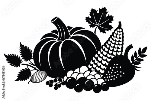 Harvest bounty featuring pumpkin, corn, grapes, berries, and leaves in a stylish black silhouette