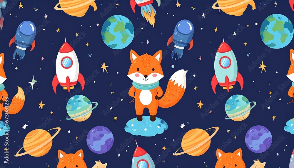 Seamless space adventure pattern with fox character rockets planets and stars Seamless space adventure pattern with fox character rockets planets and stars