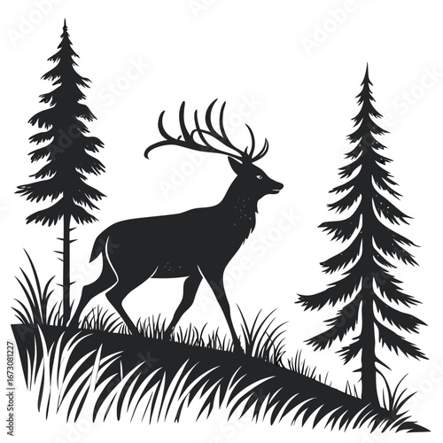 Silhouette of a Stag with Antlers Walking Among Pine Trees and Grass on White Background deer animal