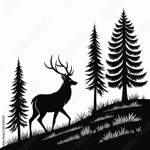 Silhouette of a stag with large antlers walking through a forest of pine trees deer