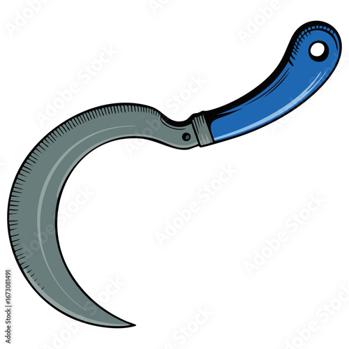 Flat illustration of sickle cartoon icon, hook sickle vector isolated on white background, suitable for agriculture, farming, and rural visuals.